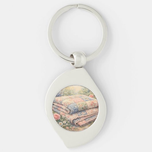 Cottagecore Bloemenpatchworkdeken Aquarel Sleutelhanger (Voorkant)