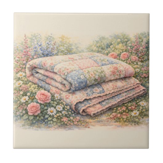 Cottagecore Bloemenpatchworkdeken Aquarel Tegeltje (Voorkant)