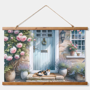 Cottagecore bloemenportiek met calicokat hangend wandkleed