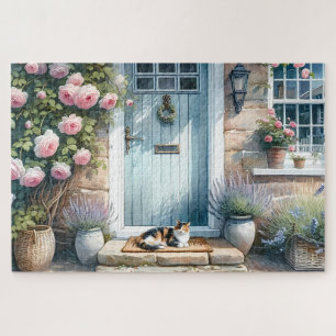 Cottagecore bloemenportiek met calicokat legpuzzel