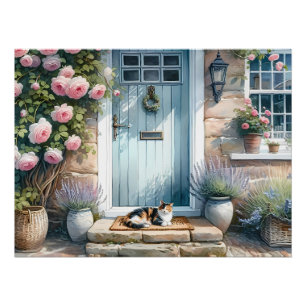 Cottagecore bloemenportiek met calicokat perfect poster