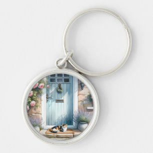 Cottagecore bloemenportiek met calicokat sleutelhanger