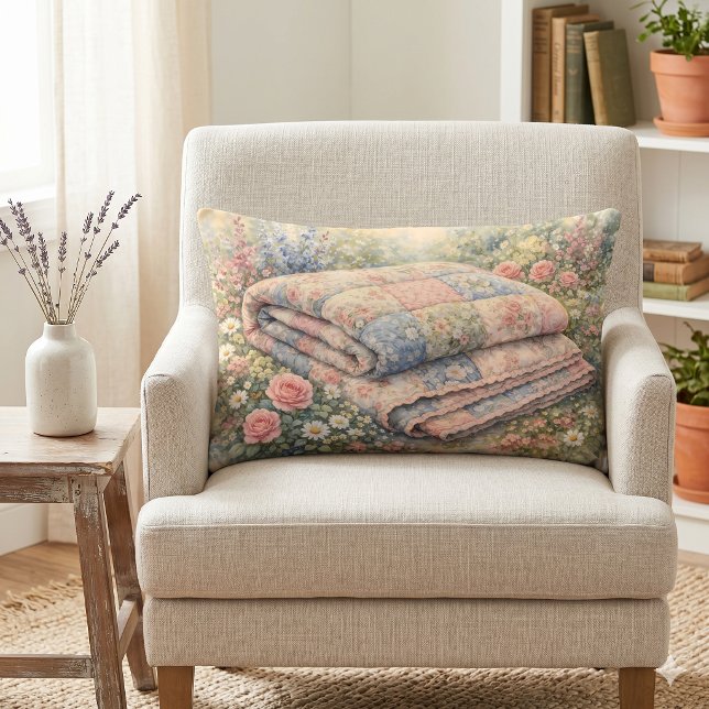 Cottagecore Bloemstukwerk Dekbed Waterverf Kussen (Cottagecore Floral Patchwork Quilt Watercolor Lumbar Pillow)
