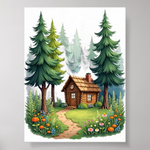 Cottagecore Blokhut Bos Wilde Bloemen Natuur Ontsn Poster