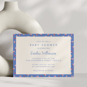  Cottagecore Blue Red Floral Baby shower Kaart