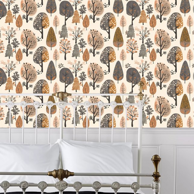 Cottagecore Bomen Behang (Cottagecore Trees Wallpaper behind a white metal framed bed.)