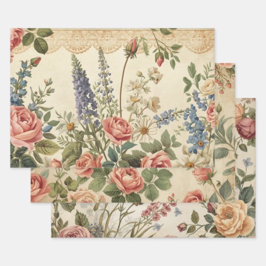 Cottagecore Botanische Kant Bloemige shabby chic Inpakpapier Vel (Set)