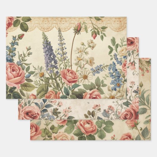 Cottagecore Botanische Kant Bloemrijke shabby chic Inpakpapier Vel (Set)