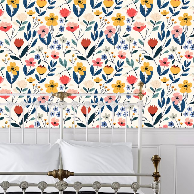 Cottagecore Bright Floral Behang (Cottagecore Bright Floral behind a white metal bed frame. )