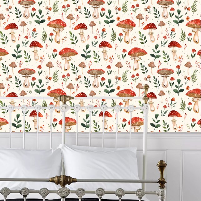 Cottagecore Bright Red Mushrooms Behang (Cottagecore Bright Red Mushrooms Wallpaper behind a white metal framed bed.)