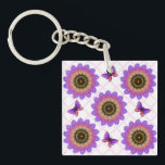 Cottagecore Butterfly & Flower Grid Pattern Sleutelhanger<br><div class="desc">Step into a whimsical garden with this unique textured floral pattern. The design features large, stylized sunflowers (or dahlias) in a stunning gradient of purple, pink, and orange, giving them a soft, velvet-like appearance. Cute purple butterflies flutter between the blooms, all set against a delicate pastel pink trellis background. Perfect...</div>