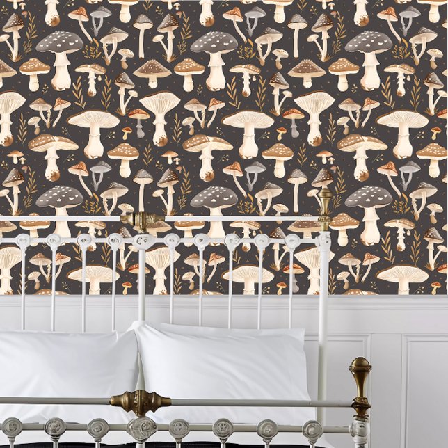 Cottagecore Dark Mushroom Behang (Cottagecore Dark Mushroom Wallpaper behind a white metal framed bed.)