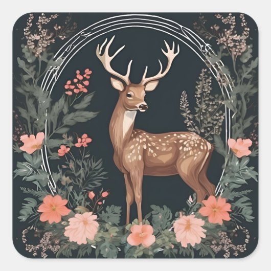 Cottagecore Deer Vierkante Sticker (Voorkant)