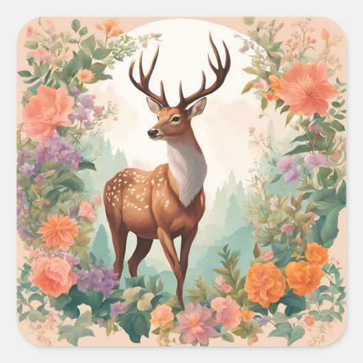 Cottagecore Deer Vierkante Sticker (Voorkant)