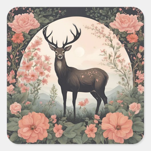 Cottagecore Deer Vierkante Sticker (Voorkant)