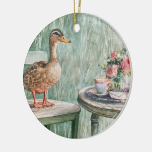 Cottagecore eend en theekop ornament