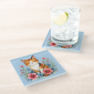 Cottagecore Floral Cat Serene Feline Botanical Glazen Onderzetter