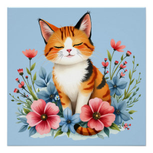 Cottagecore Floral Cat Serene Feline Botanical Perfect Poster