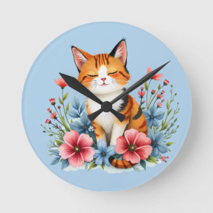 Cottagecore Floral Cat Serene Feline Botanical Ronde Klok