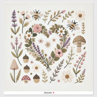 Cottagecore "Floral Heart & Bees" Sticker Set