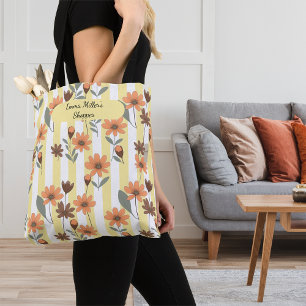 Cottagecore Herfst Blossom op Stripes Custom Name Tote Bag