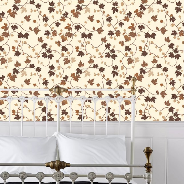 Cottagecore Herfst Bruine wijnstokken Behang (Cottagecore Fall Brown Vines Wallpaper behind a white metal bed frame. )
