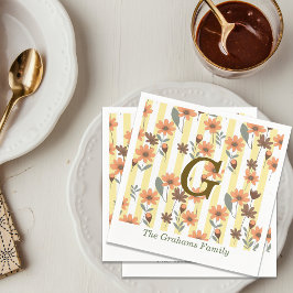 Cottagecore Herfst Floral Stripes Custom Monogram Servet