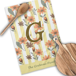 Cottagecore Herfst Floral Stripes Custom Monogram Theedoek