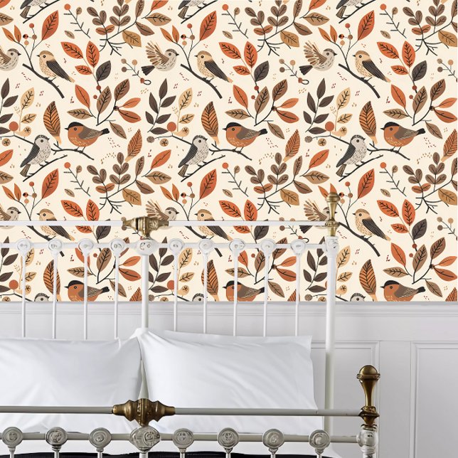 Cottagecore Herfst Spirit Birds Behang (Cottagecore Fall Spirit Birds Wallpaper behind a white metal framed bed.)