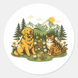 Cottagecore Hond en Kat Beste Vrienden Wilde Bloem Ronde Sticker