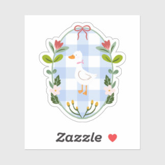 Cottagecore Illustratie van Witte Eend - Blauwe Gi Sticker