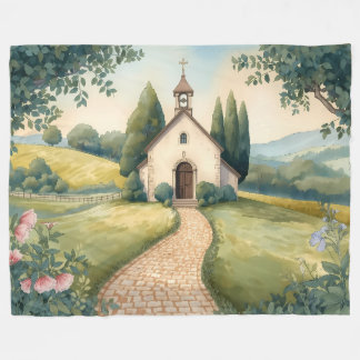 Cottagecore Kapel Pad Pastel Landschap Fleece Deken