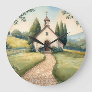 Cottagecore Kapel Pad Pastel Landschap Grote Klok