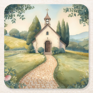 Cottagecore Kapel Pad Pastel Landschap Kartonnen Onderzetters