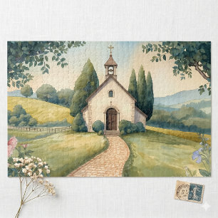 Cottagecore Kapel Pad Pastel Landschap Legpuzzel