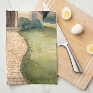 Cottagecore Kapel Pad Pastel Landschap Theedoek