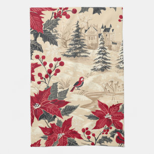 Cottagecore Kerst Manor Rode Poinsettia Crème Theedoek