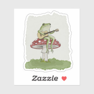 Cottagecore Kikker die Gitaar Speelt op Paddenstoe Sticker
