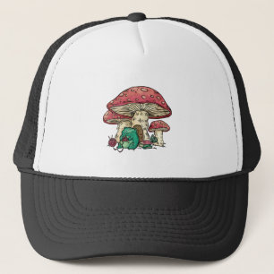 Cottagecore kikker met paddestoelhuis trucker pet