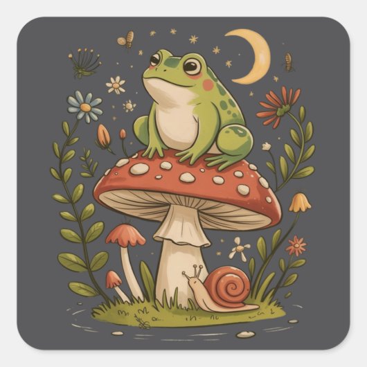 Cottagecore Kikker Paddenstoel Maan Bos  Vierkante Sticker (Voorkant)