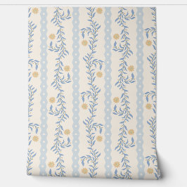 Cottagecore Klimmende Bloemstrepen Blauw & Wit Behang