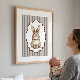 Cottagecore Konijn Vintage Ticking Streep Nursery Poster