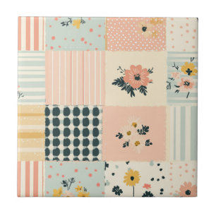 Cottagecore Koraal Pastel Bloemstuk Patchwork Dekb Tegeltje