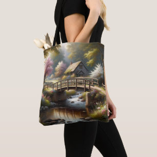 Cottagecore Lente Brug Cottage Scene Tote Bag