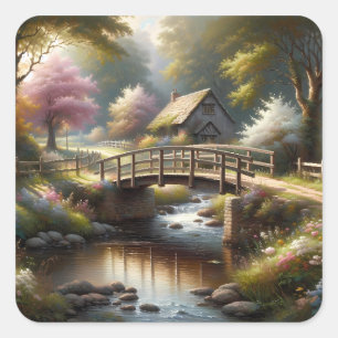 Cottagecore Lente Brug Cottage Scene Vierkante Sticker