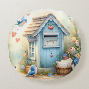 Cottagecore Liefdesbrieven Blauwe Vogel Brievenbus Rond Kussen