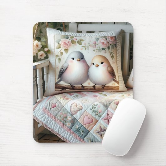 Cottagecore Liefdesvogel Bloemendeken Scene Muismat (Met muis)