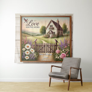 Cottagecore "Love Grows Here" Tapestry Wandkleed