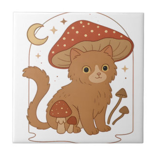 Cottagecore Mushroom Cat with Hat – Cute Vintage G Tegeltje