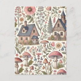 Cottagecore Mushroom en Bloemenpatroon Briefkaart